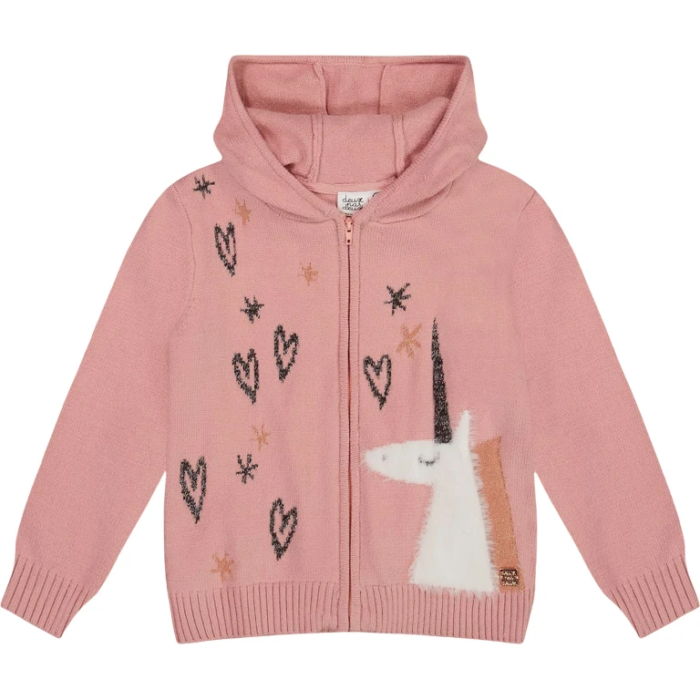 Hooded Knit Cardigan with Unicorn Intarsia - Little Girl