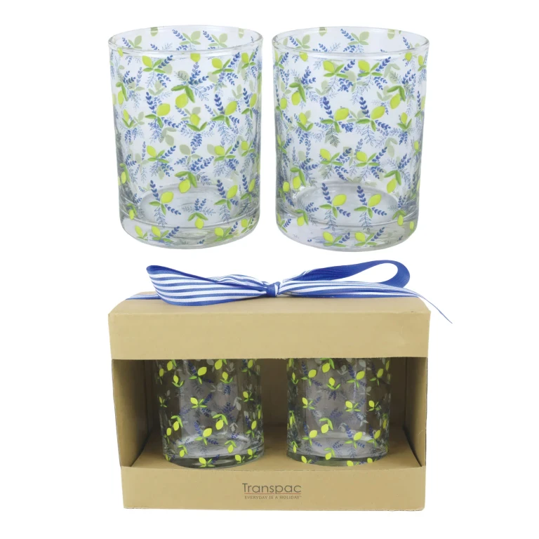 Glass Juice Cups Lemon Print Set of 2 Wood Multicolored for Spring Serving and Entertaining