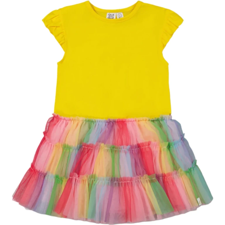 Short Sleeve Dress with Multicolored Ruffle Tulle Skirt - Little Girl