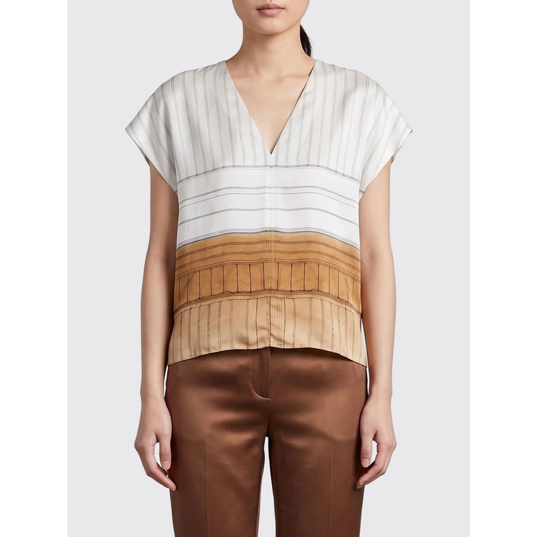 Striped Silk Blouse with V-Neck and Short Sleeves (116232P6063GESSO)