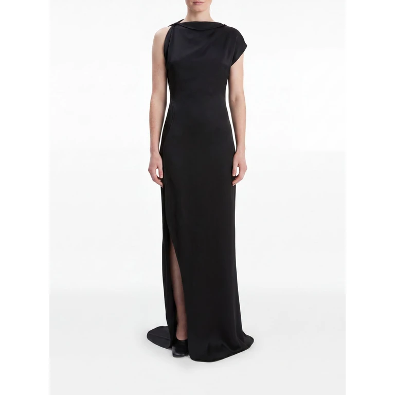 One-Shoulder Crêpe Evening Gown with Slit (1425WDR007008ABLACK)