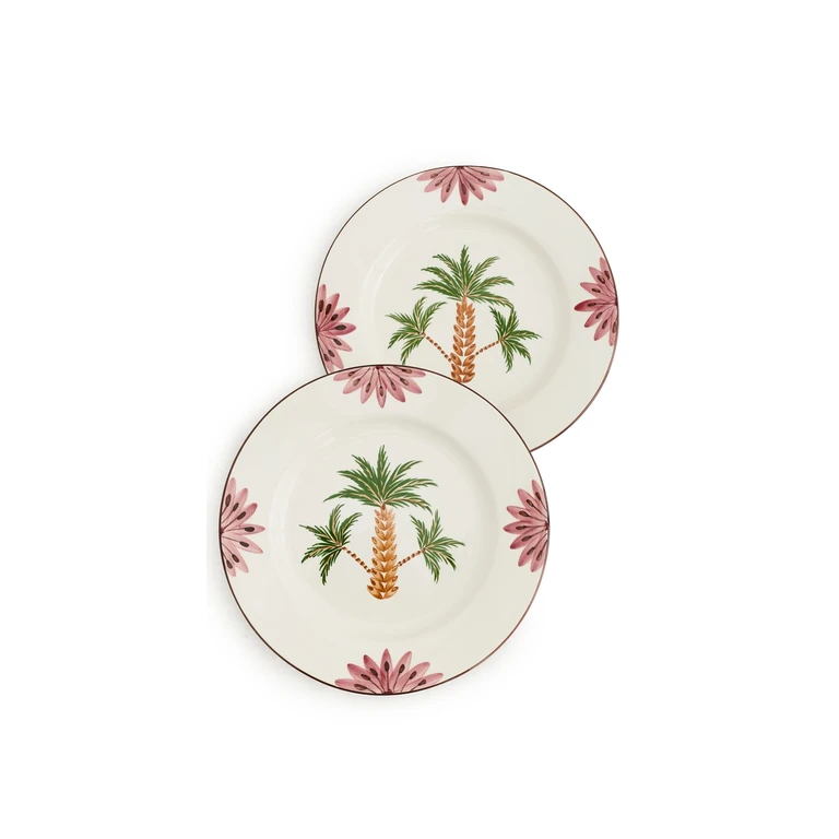 Hand Painted Tree Ceramic Dinner Plate Set Green/Brown/Pink One Size