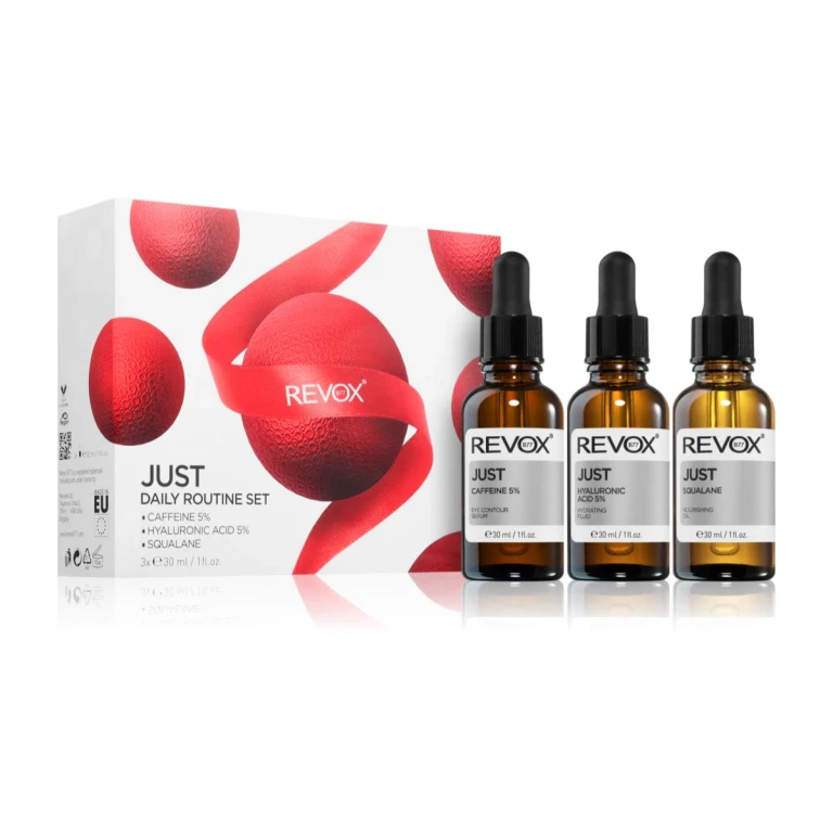 Rotina Diária: Just Caffeine 5% Anti-Dark Circles Sérum de Dia para Contorno dos Olhos 30 ml + Just Hyaluronic Acid 5% Fluido Hidratante Facial 30 ml + Just Squ