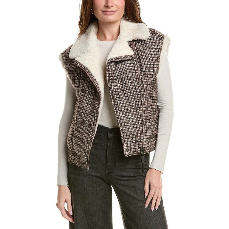 Plaid Sleeveless Vest With Shearling Collar