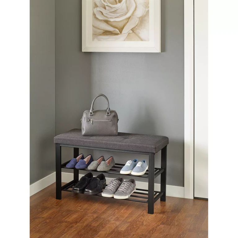 Fabric Upholstered Shoe Storage Bench:- Black / Grey