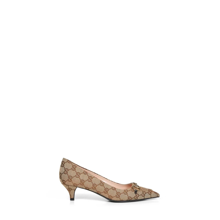 Beige and Dark Brown GG Canvas Pumps