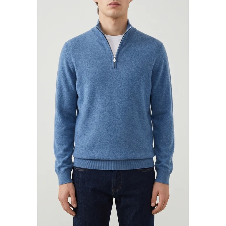 Blue Cashmere Quarter Zip Sweater