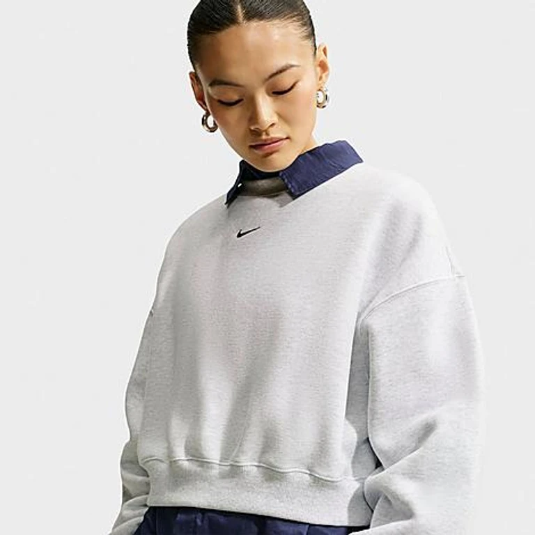 Nike Women's Studio Fleece Medium Weight Oversized Cropped Crewneck Sweatshirt in Birch Heather/Black Size: XS