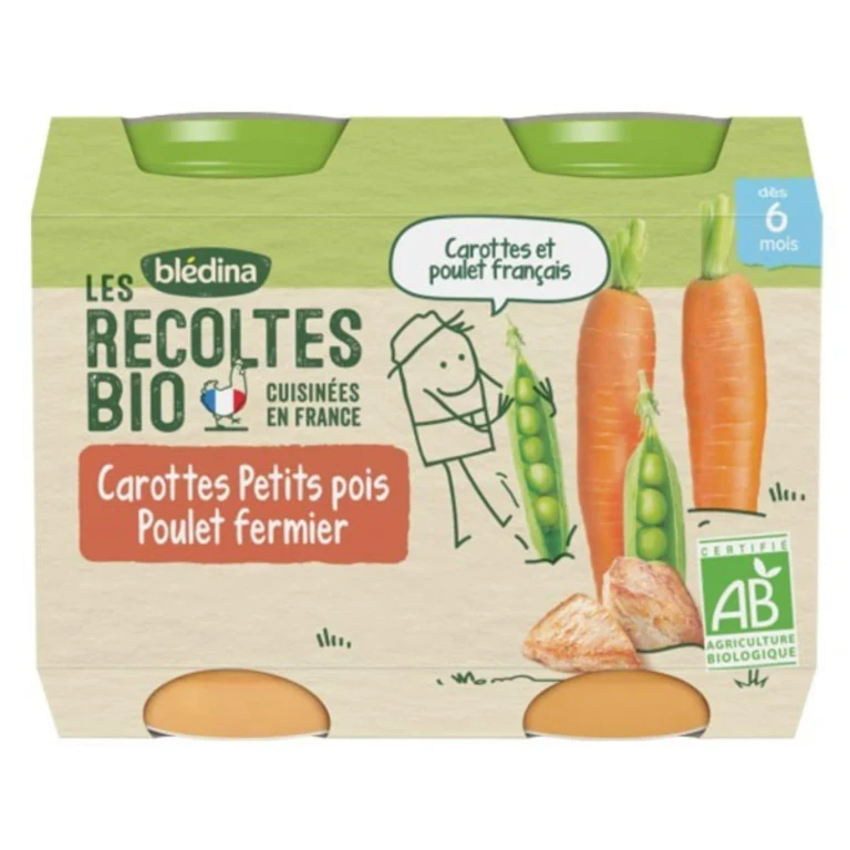 Blédina ORGANIC Harvest From 6 months - Small Pots Vegetables/Meat - Carrots Peas Chicken Farmer 2x200g