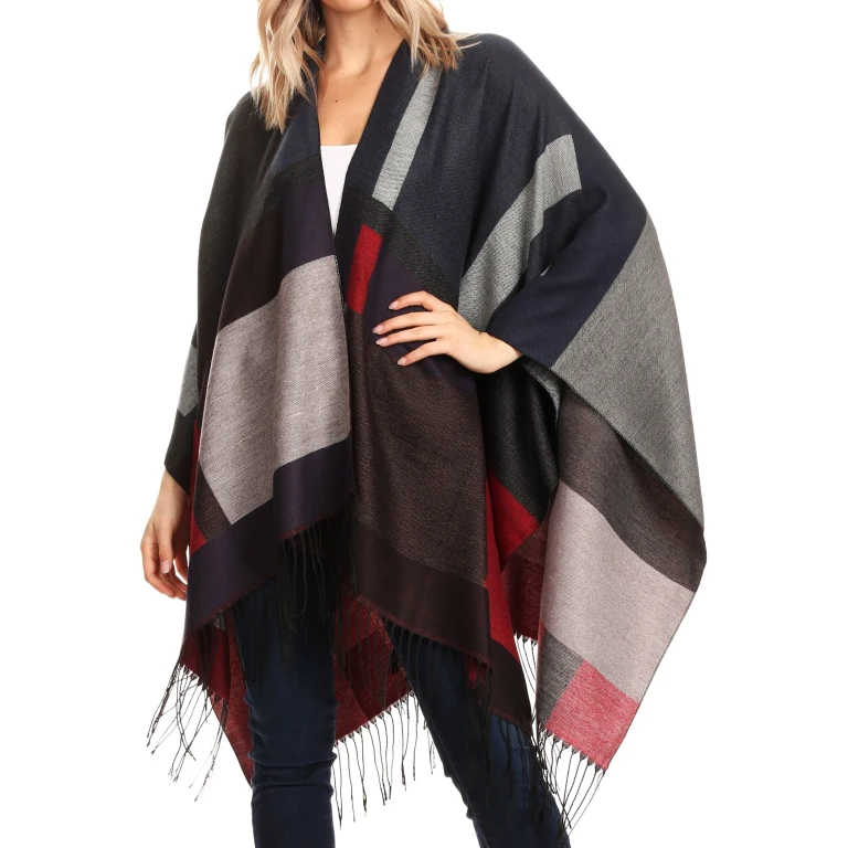 Sakkas Avi Women's Reversible Open Front Poncho Cardigan Ruana Cape Shawl W/Fringe