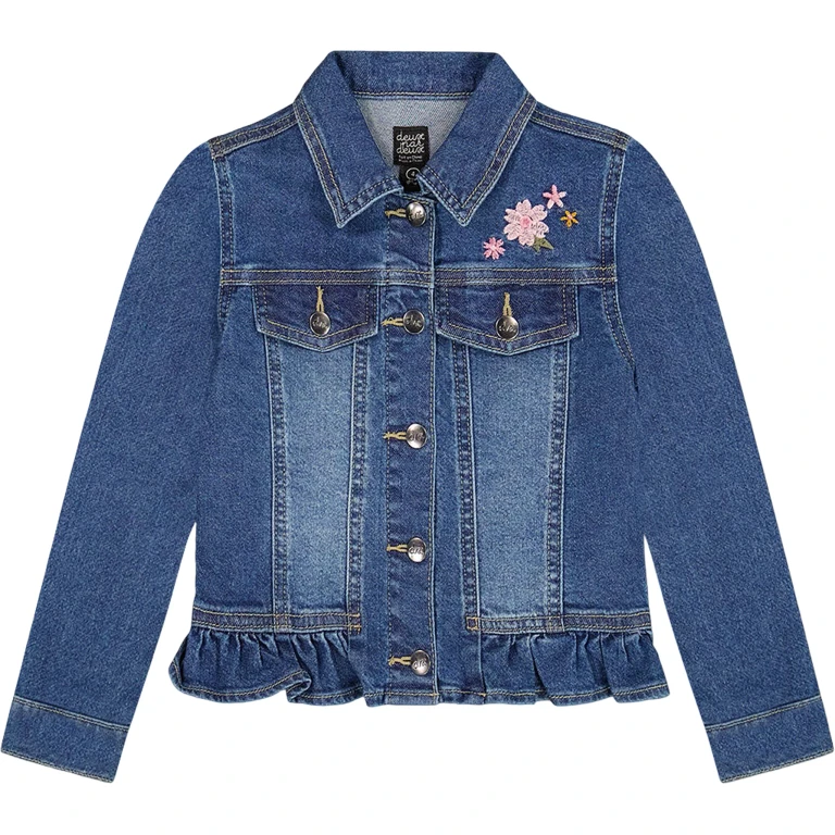 Denim Jacket with Ruffle Hem and Floral Embroidery - Big Girl