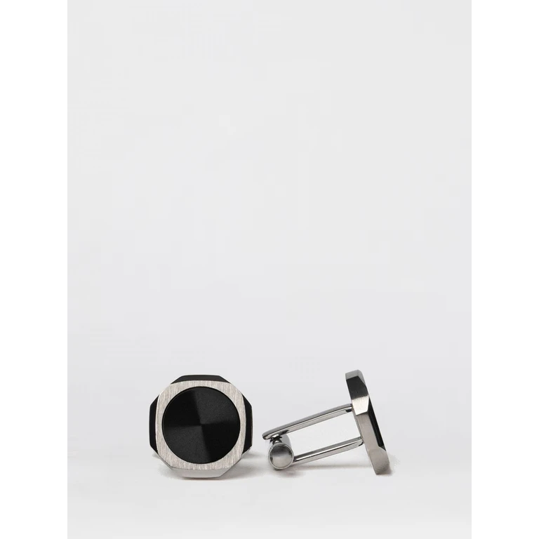Two-Tone Steel Cufflinks with Rounded Shape and Engraved Logo (D1JWCLSU01BLACK&SILVERCUFFLINKS)