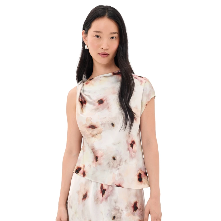 Watercolor Floral Twist Shoulder Top soft peony S