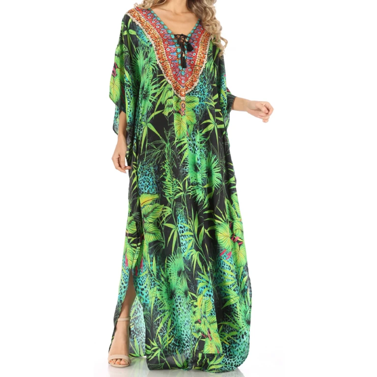 Sakkas Milanna Women's V neck Short Sleeve Vibrant Print Caftan Dress Cover-up