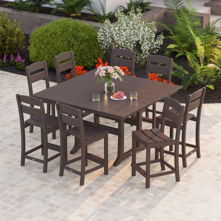 Gulf Shores Farmhouse Trestle Counter Side Chair Set, 9pc:- Mahogany