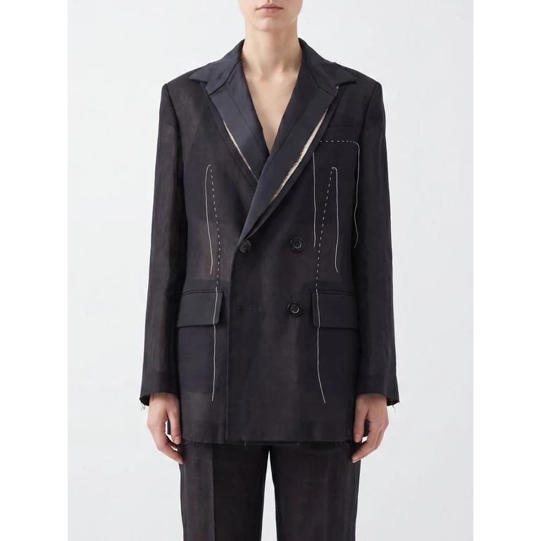 Cropped Double-Breasted Wool Blend Blazer with Patchwork Design (2608502001)