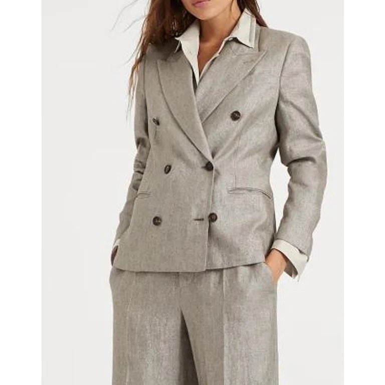 Women'S Brown Linen Double-Breasted Blazer