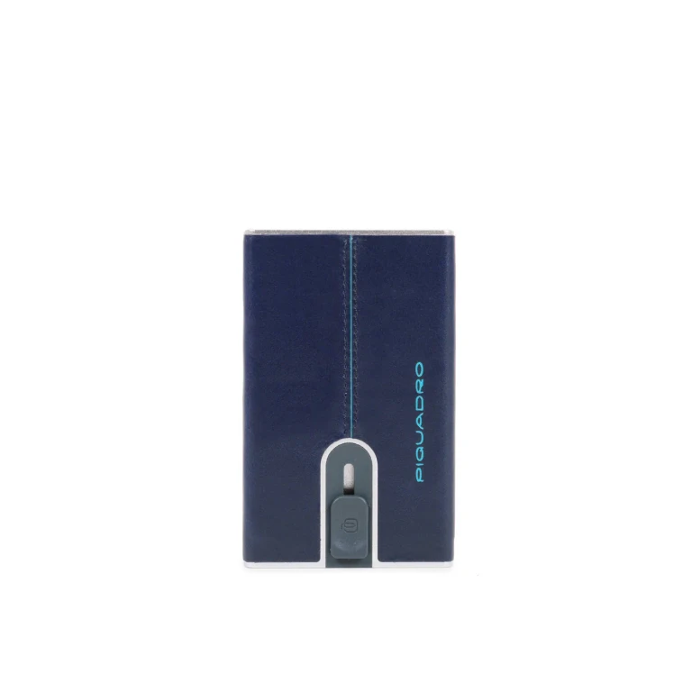 Blue leather wallet Piquadro with sliding system and money clip for men