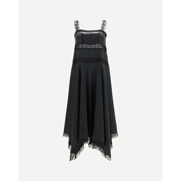 GANNI Asymmetric Silk Midi Dress with Lace Inserts (A1030668099)