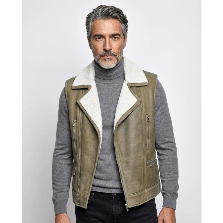 Olive Shearling Biker Vest