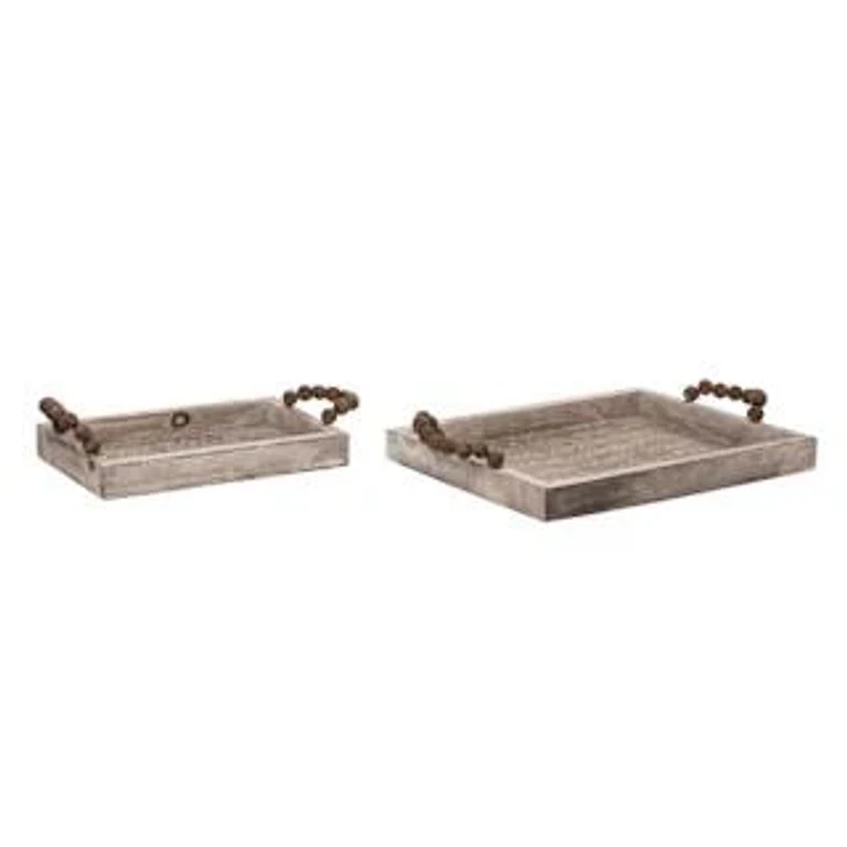 Wood Brown White Washed Bamboo Trays Set of 2 Decorative Platters for Indoor Tabletop Use and Gifts
