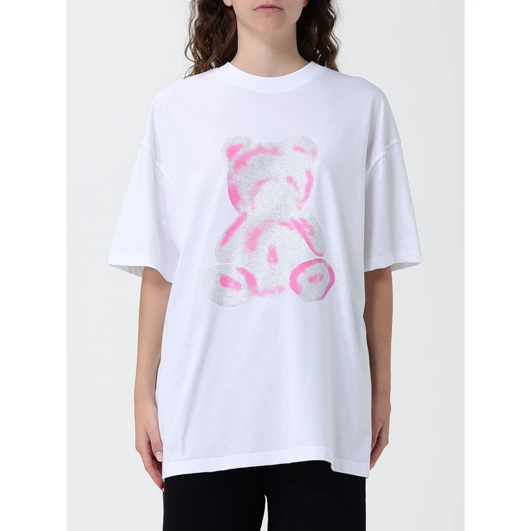 Oversized Cotton T-Shirt with Teddy Bear Print and Crew Neck (55595BIANCO)