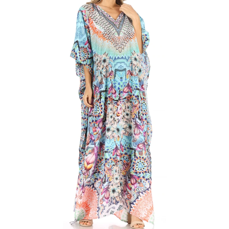 Sakkas Anahi Flowy Design V Neck Long Caftan Dress / Cover Up With Rhinestone