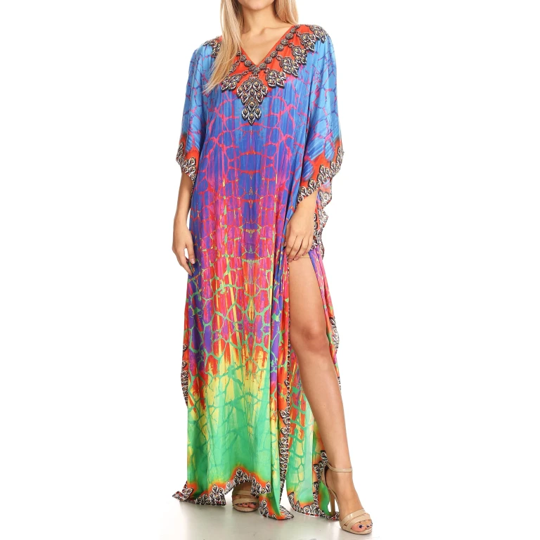 Sakkas Anahi Flowy Design V Neck Long Caftan Dress / Cover Up With Rhinestone