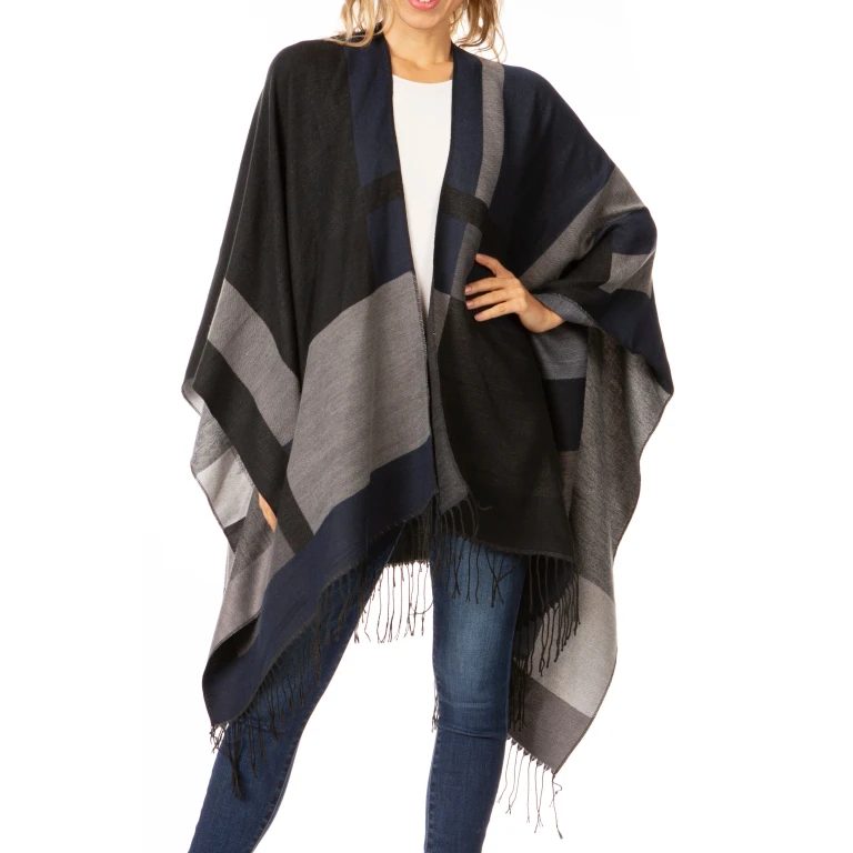 Sakkas Avi Women's Reversible Open Front Poncho Cardigan Ruana Cape Shawl W/Fringe