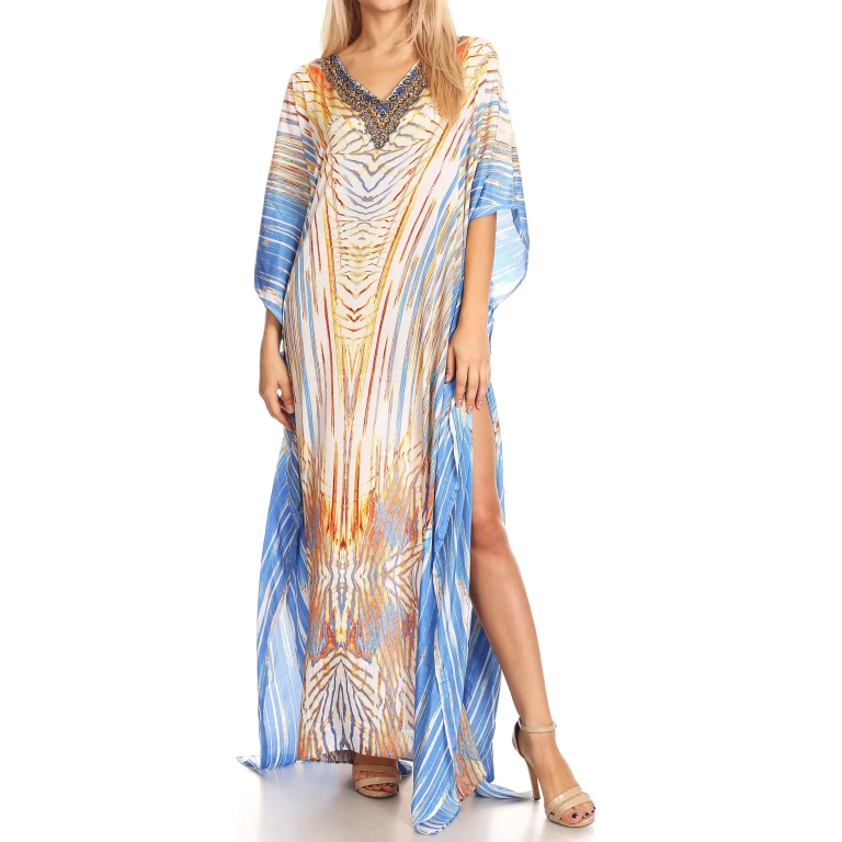 Sakkas Anahi Flowy Design V Neck Long Caftan Dress / Cover Up With Rhinestone