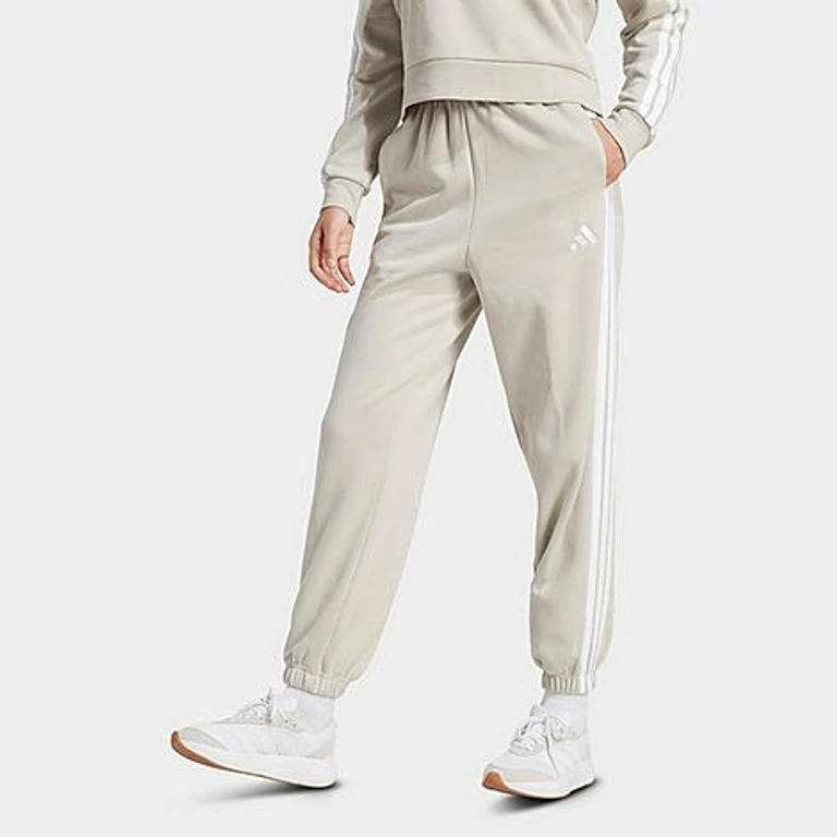 adidas Women's Essentials 3-Stripes Fleece Loose Pants in Light Grey Heather/White Size: XS