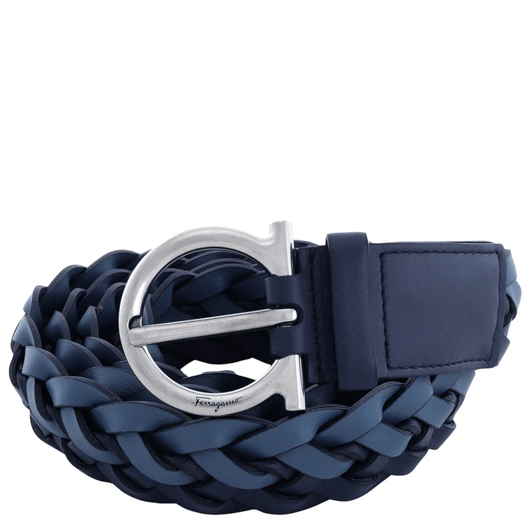 Mens Blue Braided Gancini Leather Belt
