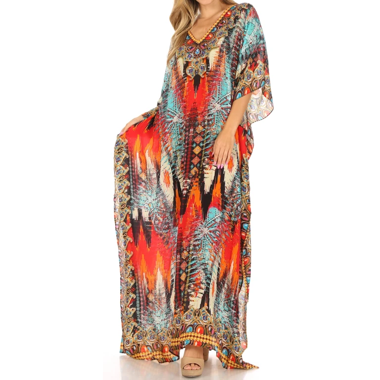 Sakkas Anahi Flowy Design V Neck Long Caftan Dress / Cover Up With Rhinestone