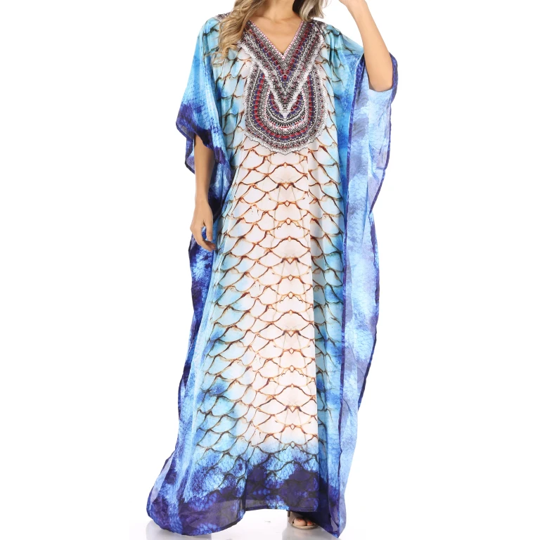 Sakkas Anahi Flowy Design V Neck Long Caftan Dress / Cover Up With Rhinestone