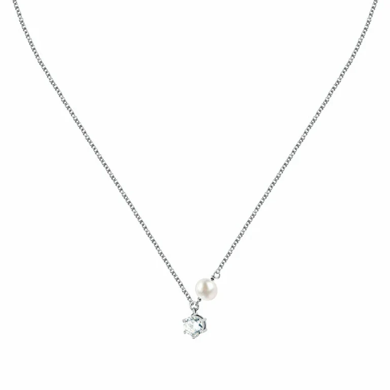 Silver Necklace With Real Pearl And Zircon Pearl Sxu54