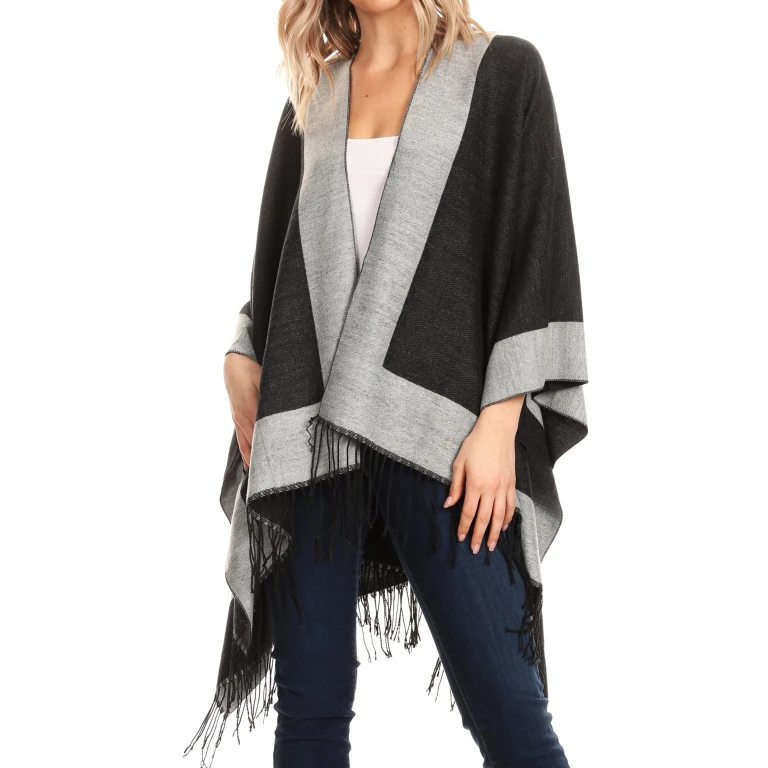 Sakkas Avi Women's Reversible Open Front Poncho Cardigan Ruana Cape Shawl W/Fringe