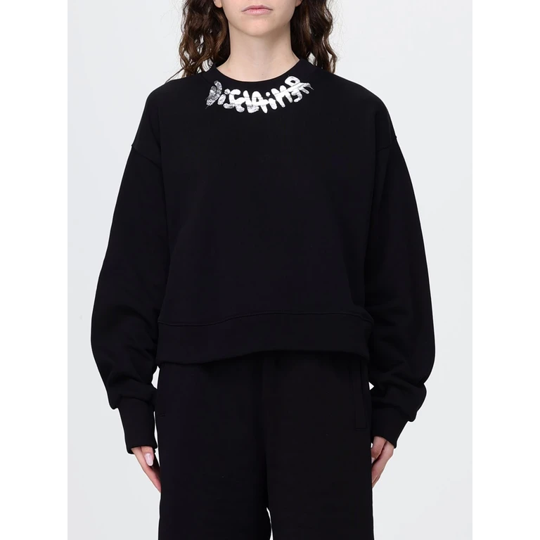 Cropped Cotton Jumper with Printed Logo and Crew Neck (55659NERO)