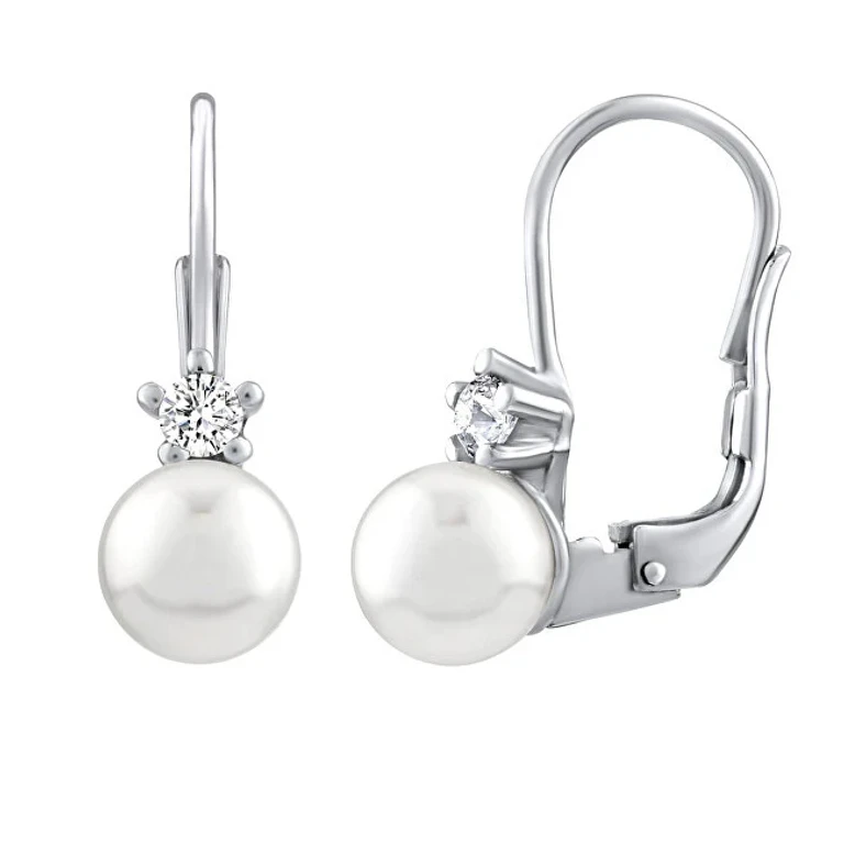 Delicate Silver Earrings With White Pearl Swarovski Silvego35037W