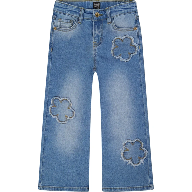 Wide Leg Stretch Denim Jeans with Flower Stitching - Little Girl