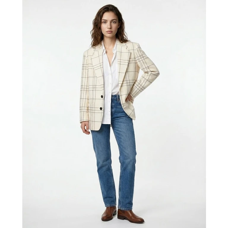 Stone White Virgin Wool Relaxed Blazer Windowpane Check