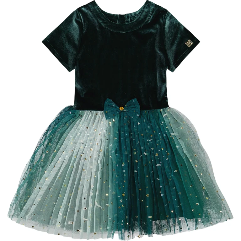 Bi-Material Short Sleeve Party Dress - Big Girl