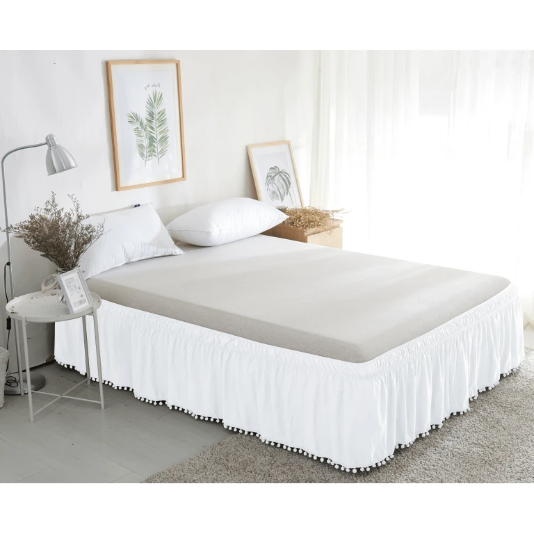 Top-Knot Tassel Pompom Fringe Ruffle Bed Skirt - Around Style Elastic Bed Wrap - 16 inch Drop