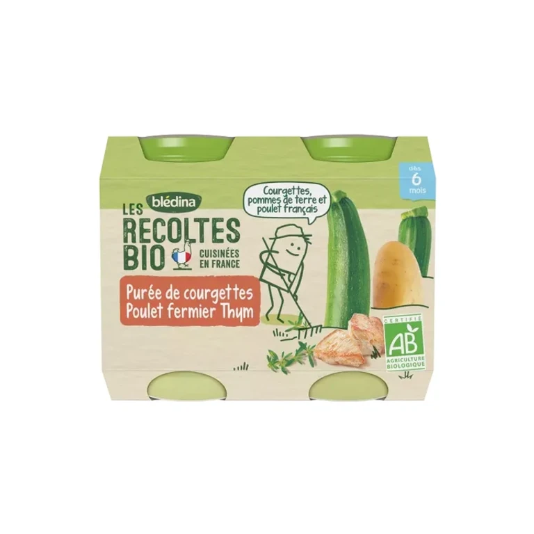 Blédina ORGANIC Harvest From 6 months - Small Jars Vegetables/Meat - Courgette Puree Peasant Chicken Thyme 2x200g