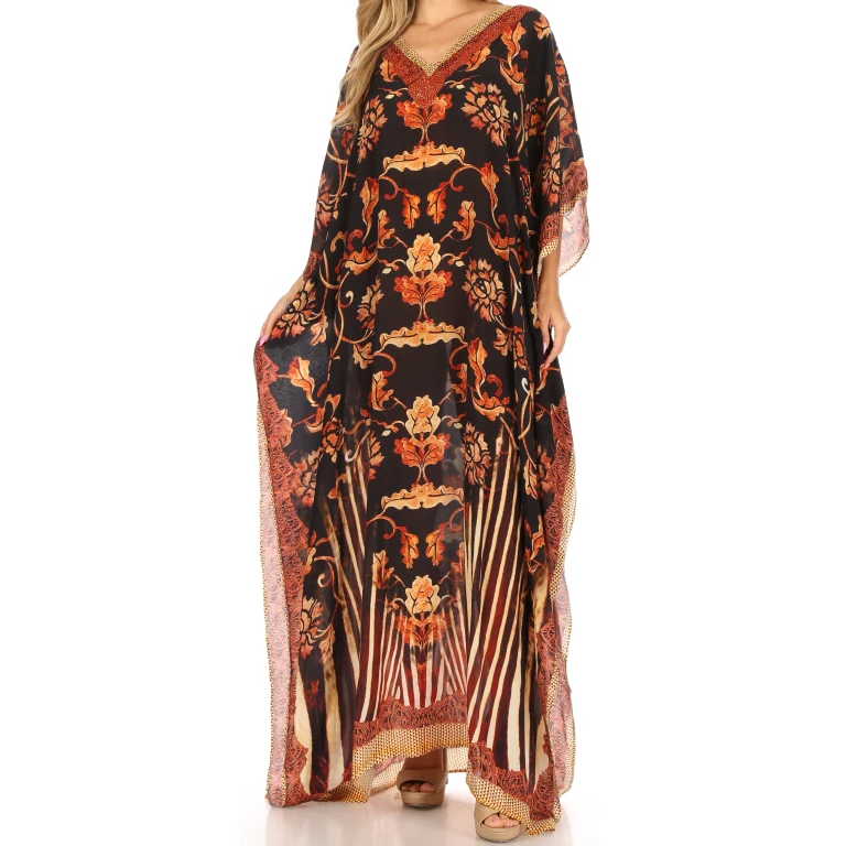 Sakkas Anahi Flowy Design V Neck Long Caftan Dress / Cover Up With Rhinestone
