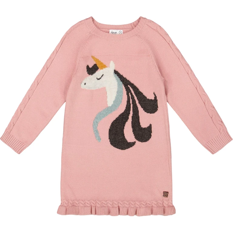 Knitted Dress with Unicorn Intarsia - Little Girl