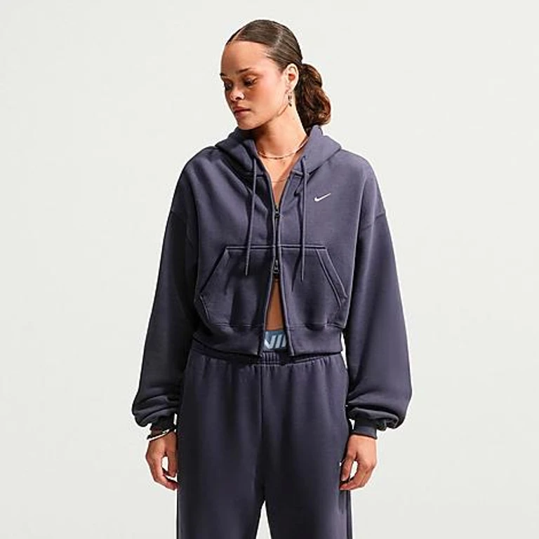 Nike Women's Studio Fleece Medium-Weight Oversized Cropped Full-Zip Hoodie in Gridiron/Sail Size: XS