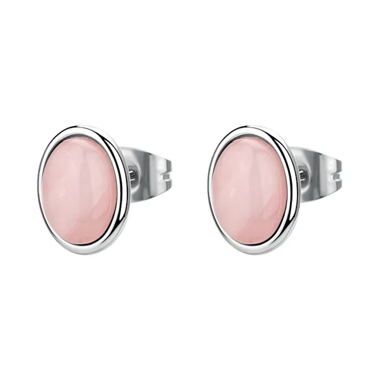 Oval Earrings in Steel with Rose Quartz Essential Bnl146