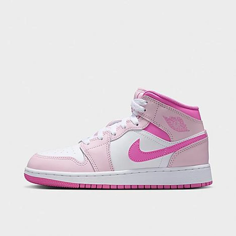 Jordan Big Kids Air Retro 1 Mid Casual Shoes in Pink Foam/China Rose/White Size: 3.5