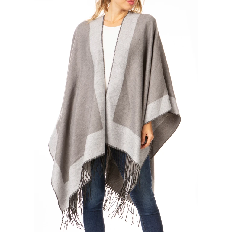Sakkas Avi Women's Reversible Open Front Poncho Cardigan Ruana Cape Shawl W/Fringe