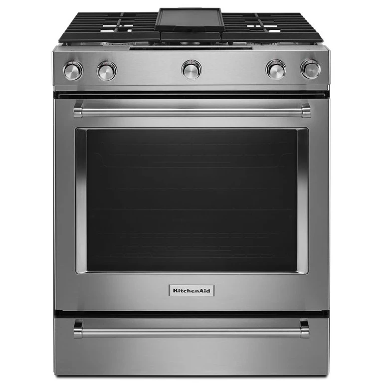 30 in. 5-Burner Dual Fuel Convection Slide-In Range w/ Baking Drawer in Steel